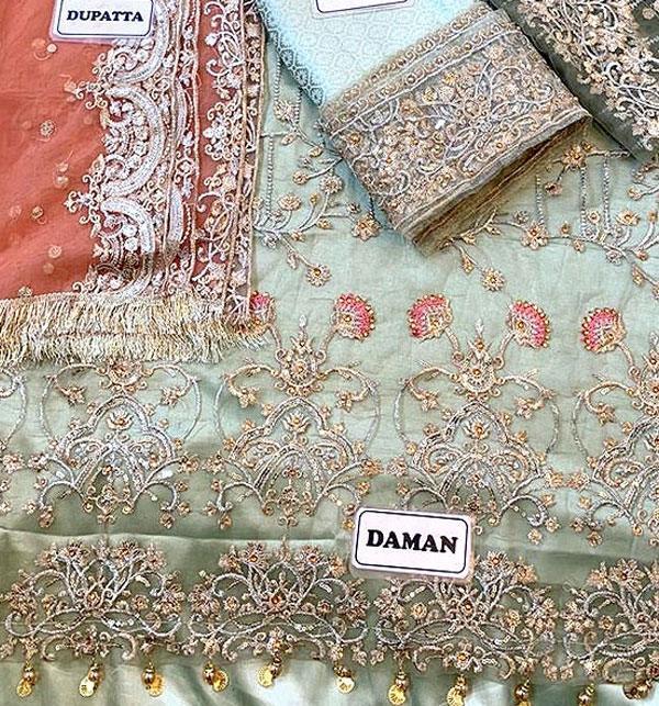 NET Handwork Heavy Embroidered Maxi Dress Net Embroidery Dupatta Jamawar Trouser (Unstitched)