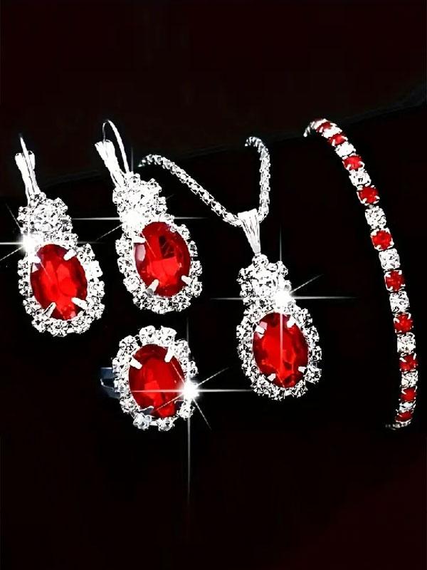 Fashion Red Oval Necklace Set with Ring, Earrings & Bracelet