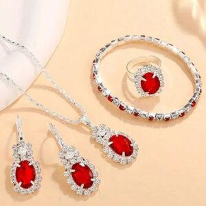 Fashion Red Oval Necklace Set with Ring, Earrings & Bracelet