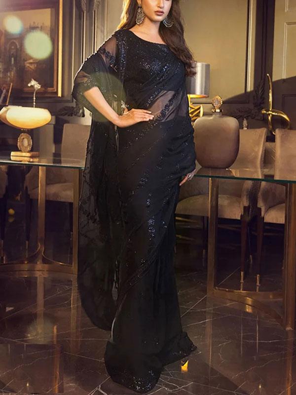 Chiffon Heavy Embroidered Spengle Work Saree (Unstitched)