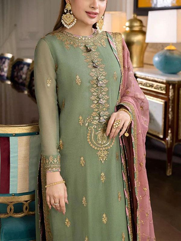 Chiffon Heavy Work Dress with Embroidered Dupatta & Jamawar Bottom (Unstitched)