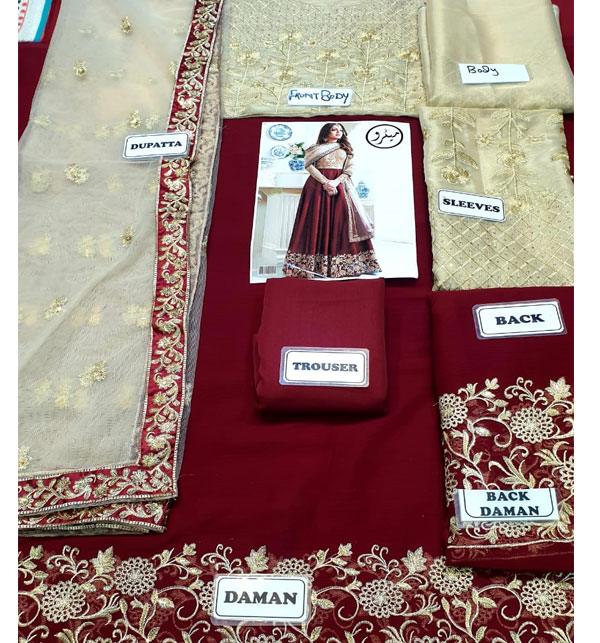 Chiffon Organza Embroidered Maroon Frock Dress Unstitched