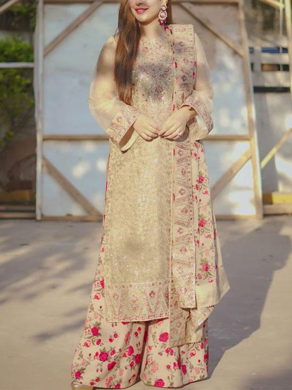 Aneela’s Heavy Embroidered Chiffon Suit with Silk Trouser (Unstitched)