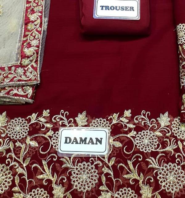 Chiffon Organza Embroidered Maroon Frock Dress Unstitched