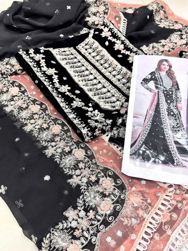 Velvet Heavy Embroidered Suit with Chiffon Dupatta (Unstitched)