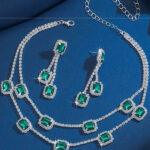 Silver Plated Green Rhinestones Necklace Set with Earrings