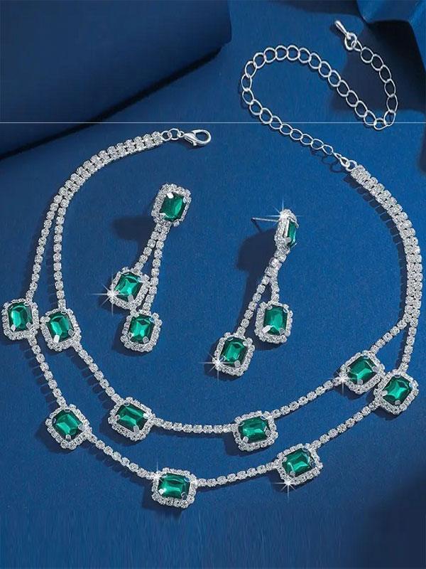 Silver Plated Green Rhinestones Necklace Set with Earrings
