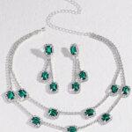 Silver Plated Green Rhinestones Necklace Set with Earrings