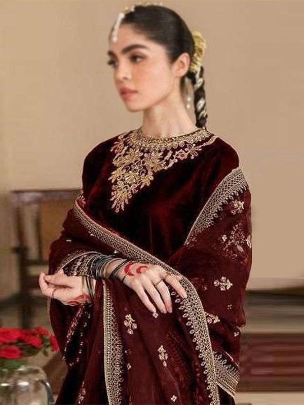 Luxury Velvet Embroidered Bridal Dress with Net Dupatta