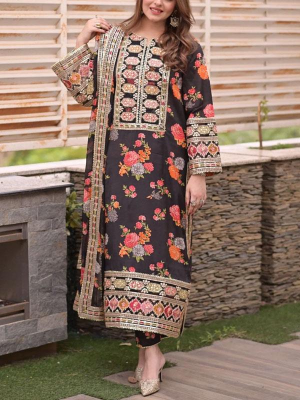 Shamoze Silk Heavy Embroidered Dress With Printed Silk Dupatta (Unstitched)
