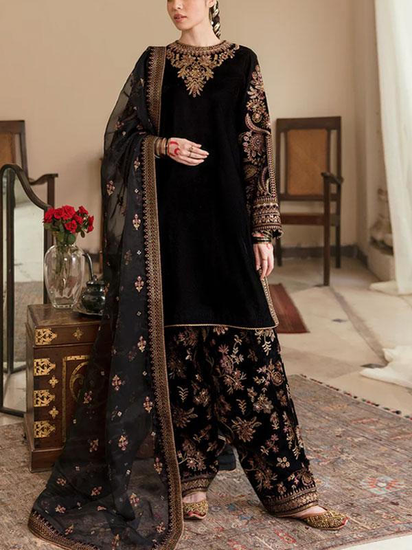 Luxury Velvet Embroidered Bridal Dress with Net Dupatta