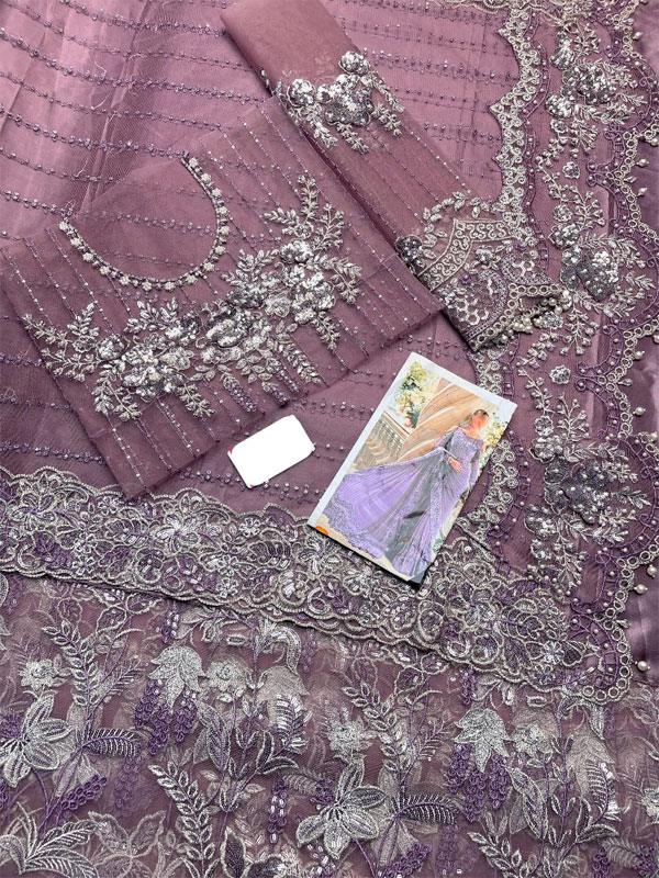 NET Heavy Sequence Embroidered Pearls Work Saree 7 Yard (Unstitched)