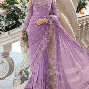 NET Heavy Sequence Embroidered Pearls Work Saree 7 Yard (Unstitched)