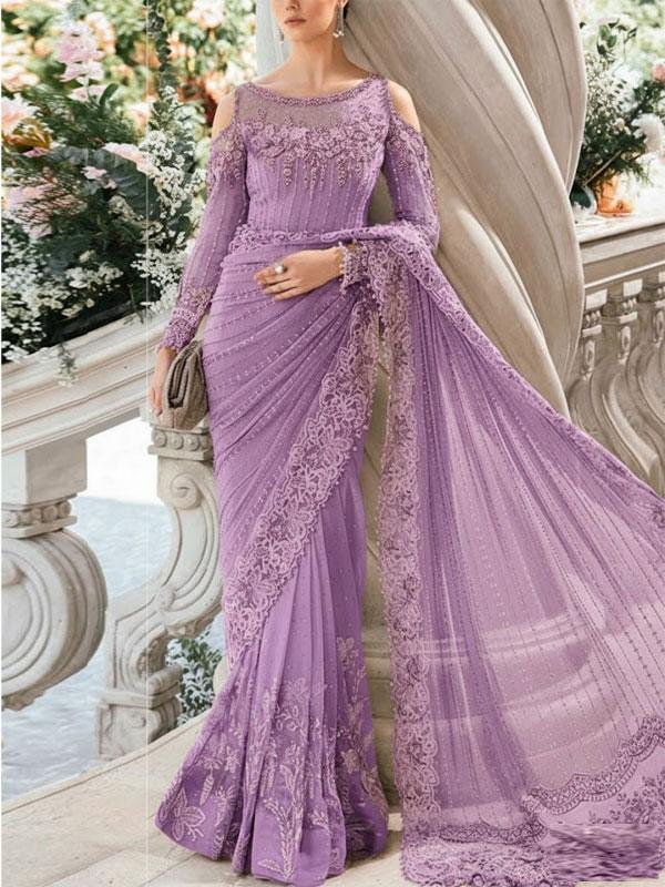 NET Heavy Sequence Embroidered Pearls Work Saree 7 Yard (Unstitched)
