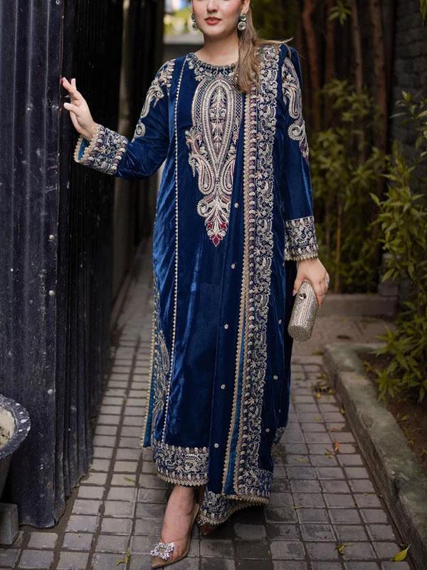 Velvet Spengle Embroidered Party Dress with Velvet Shawl (Unstitched)
