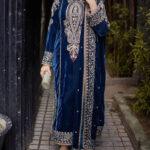 Velvet Spengle Embroidered Party Dress with Velvet Shawl (Unstitched)