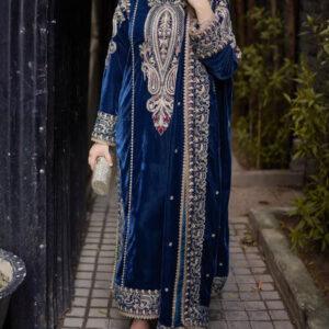 Velvet Spengle Embroidered Party Dress with Velvet Shawl (Unstitched)