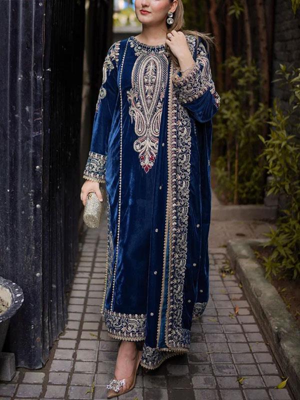 Velvet Spengle Embroidered Party Dress with Velvet Shawl (Unstitched)