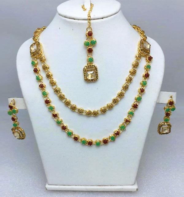 Double Layered Stone Necklace Jewerly Set With Earring And Tikka