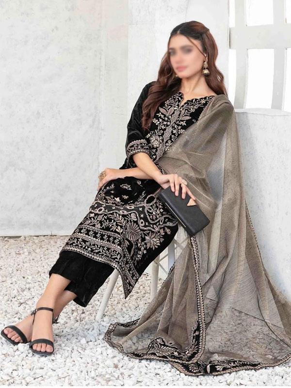 Velvet Sequins Embroidered Dress with Masoori Dupatta (Unstitched)