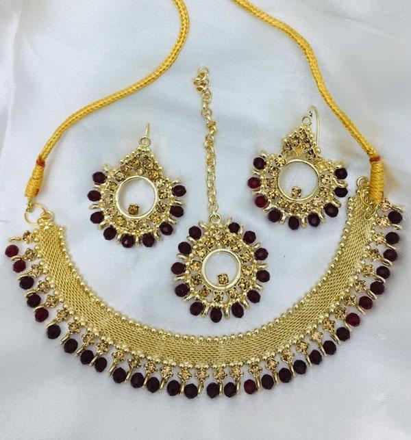 Golden Brown Pearl Choker Set with Earrings & Matha Patti