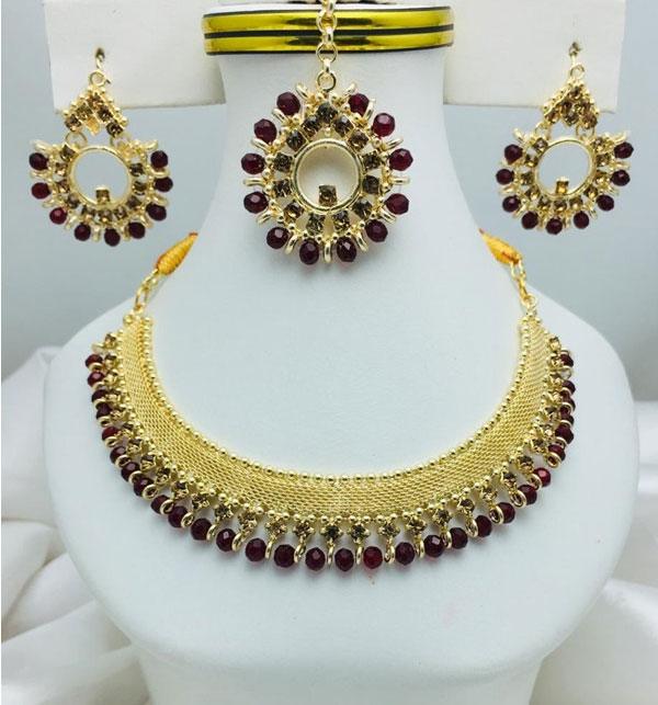 Golden Brown Pearl Choker Set with Earrings & Matha Patti