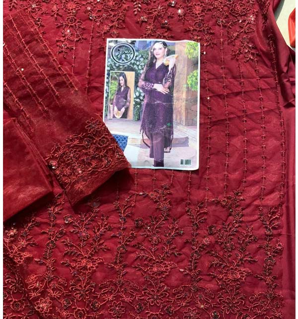 NET Sequins Full Heavy Embroidered 2 Pec Dress (Shirt + Trouser) (Un-Stitched)