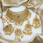 Antique Golden Pearl Bridal Set with Earrings, Jhumar & Teeka