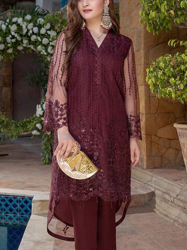 NET Sequins Full Heavy Embroidered 2 Pec Dress (Shirt + Trouser) (Un-Stitched)