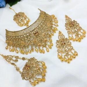 Antique Golden Pearl Bridal Set with Earrings, Jhumar & Teeka