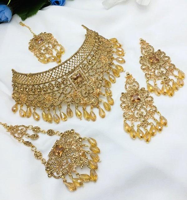 Antique Golden Pearl Bridal Set with Earrings, Jhumar & Teeka