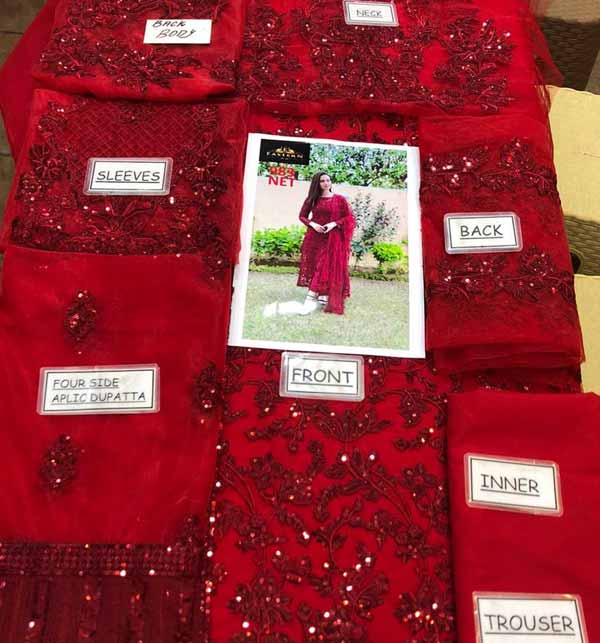 Heavy Embroidered Maroon Net Dress with Trouser & Dupatta