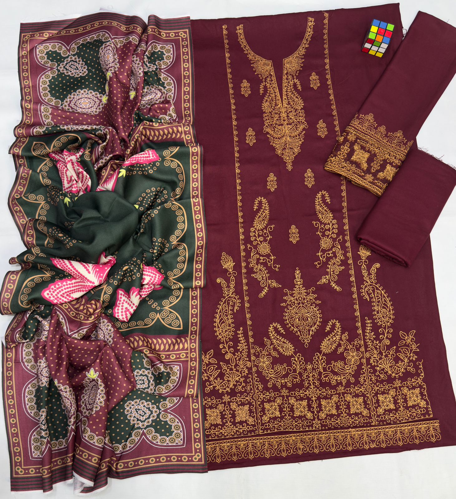 Winter Unstitched Embroidered Dhanak Suit with Wool Shawl Dupatta