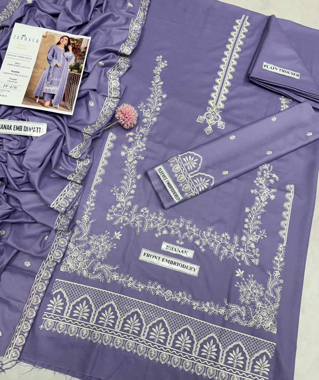 Premium 3-Piece Embroidered Dhanak Suit – Winter Collection